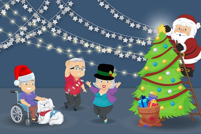 Des personnes âgées en dessin avec un sapin de Noël en dessin et un Père Noël grimpé dessus.