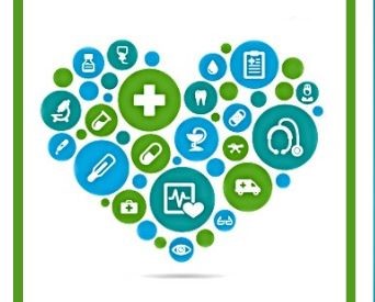 Un coeur est formé avec des ronds bleu et vert. Dans les ronds, il y a de petits dessins par rapport à la médecine (coeur, thermomètre, signe de plus...)